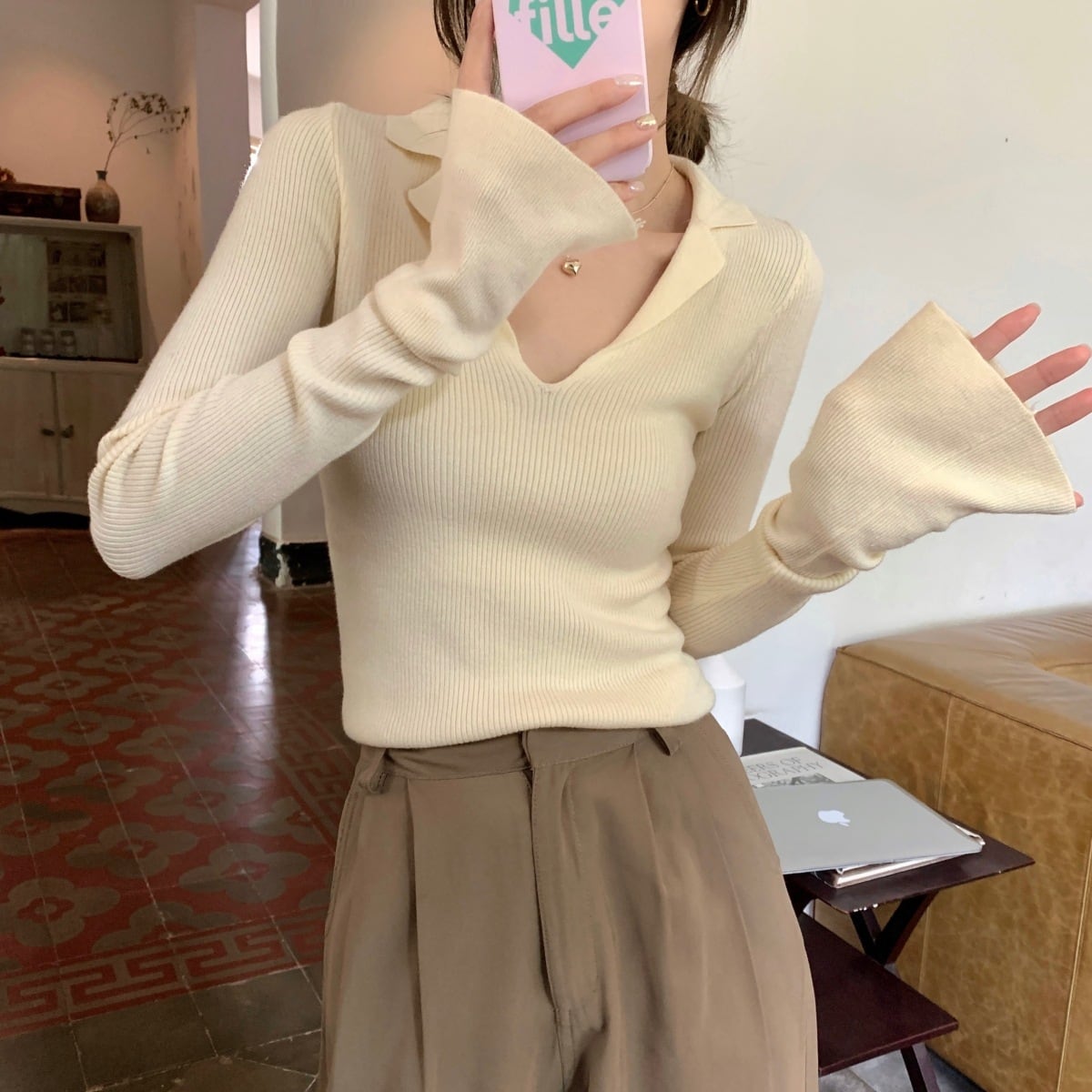 【tops】POLOネックニットトップス　M18950