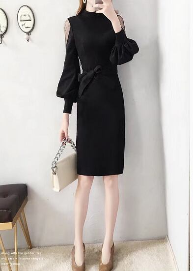 【dress】オシャレ度満点〜韓国風INS風長袖切り替え蝶々結び韓国ファッション無地タイトワンピースF3399
