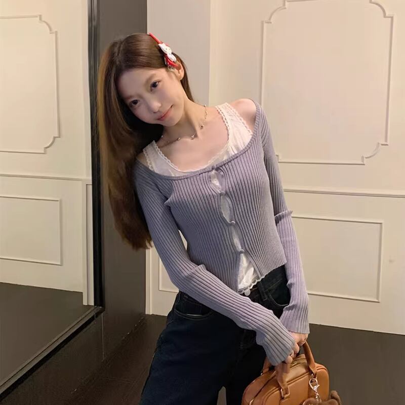 【tops】フェイクレイヤードニットトップス Q8152