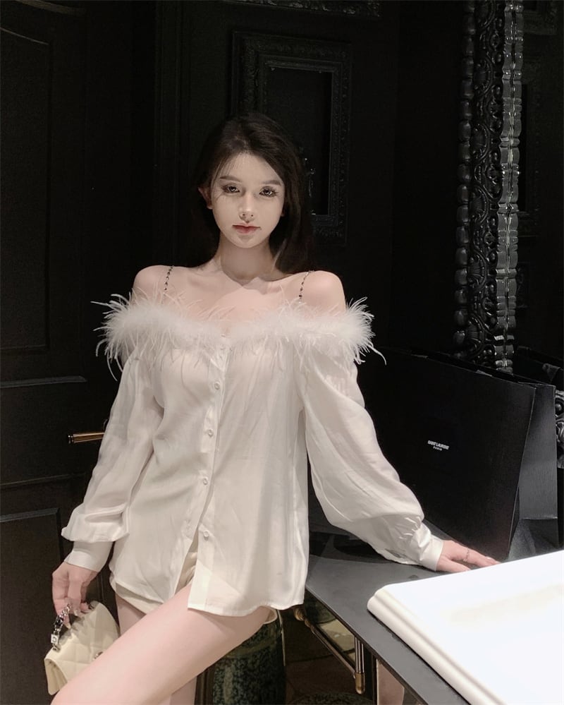 【tops】フェイクファーオフショルダートップス　N2690