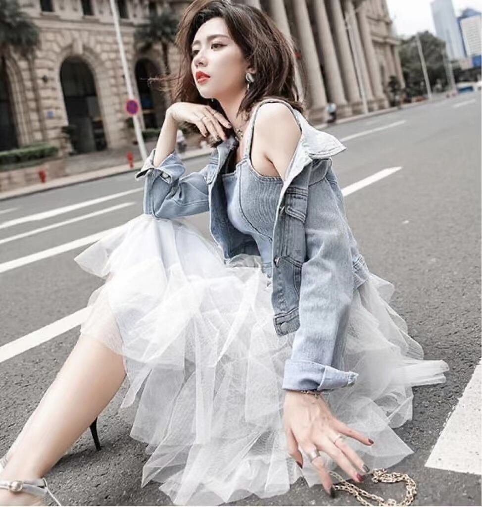 【set】一目惚れ！デニムジャケット+メッシュ切り替えキャミワンピースINS風2点セットF0751