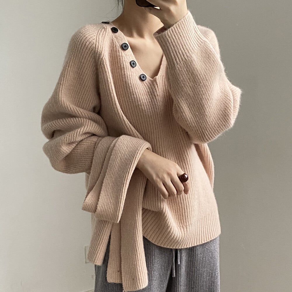 【tops】Vネックニットセーターマフラー付き　M28049