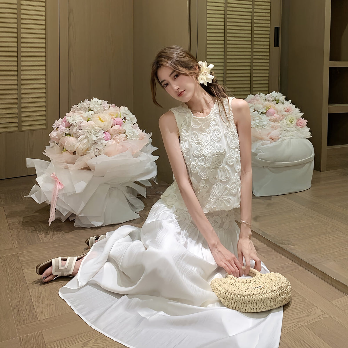 【set】立体感フラワートップス×ロングスカートセット     N3577