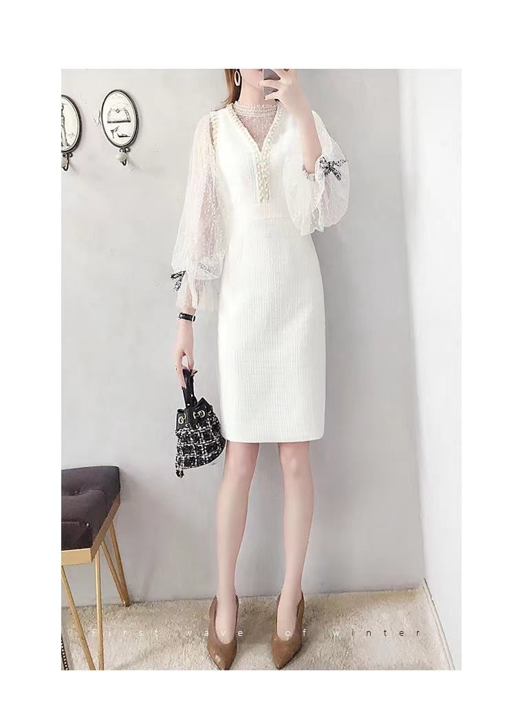 【set】一目惚れ！長袖ラッパ袖レーストップス+Vネック体型カバーベストOL通勤セットアップF1553