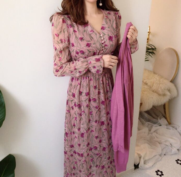 【dress】優しい雰囲気!エレガント気質満点スウィート 韓国系シフォン花柄ワンピース G1785