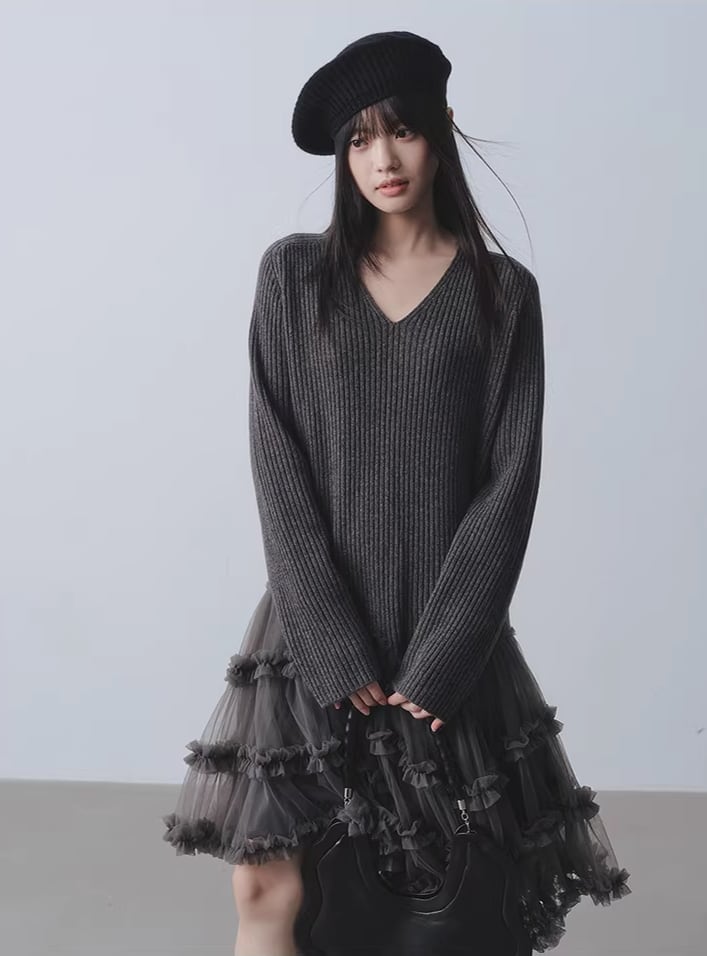 【dress】チュールドッキングウールワンピース Q7963