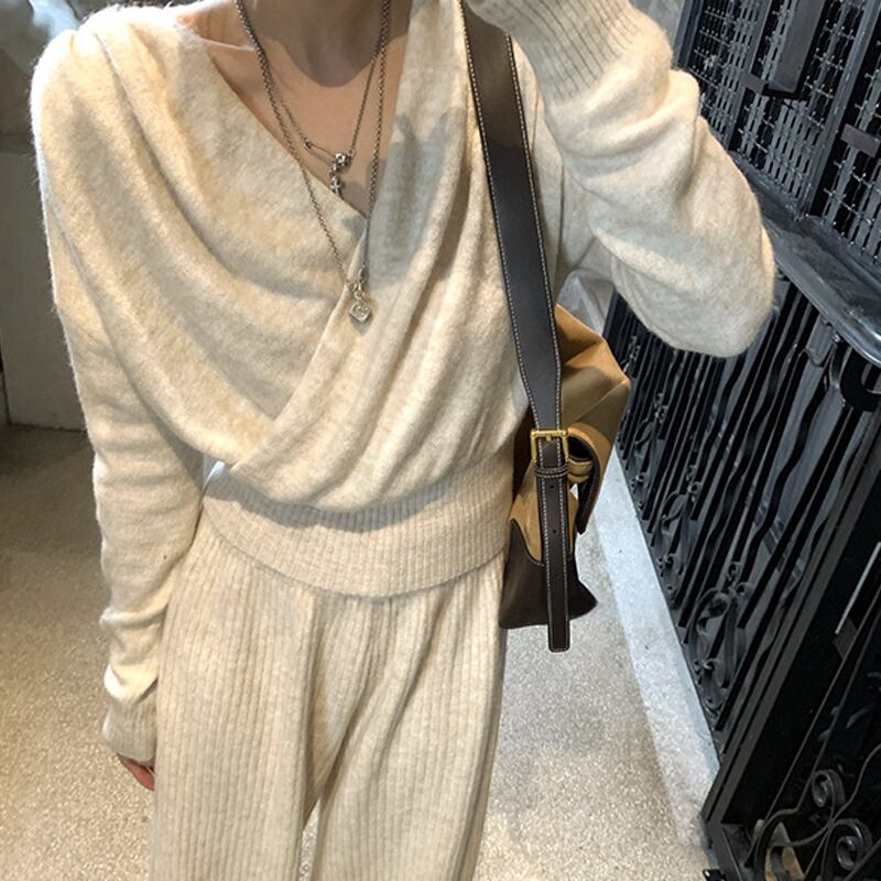 【set】クロスネックニットトップス×ワイドパンツセット Q7598