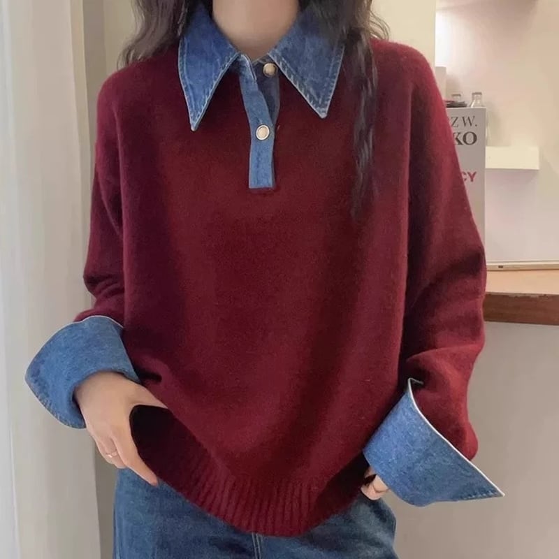 【tops】デニムドッキングニットトップス Q7216