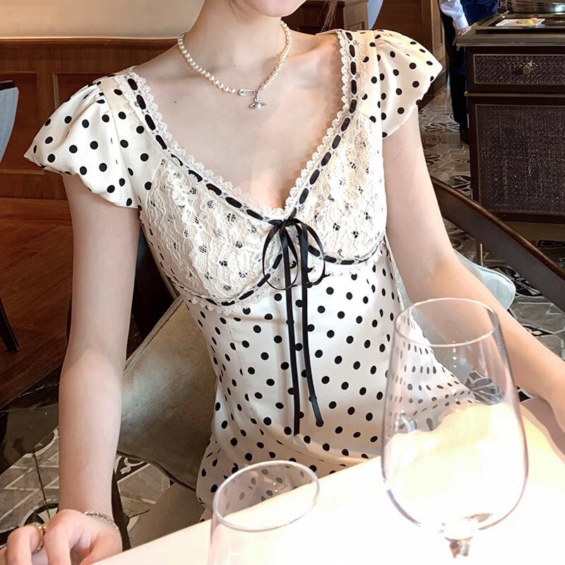 【dress】Vネックドット柄ワンピース G21102