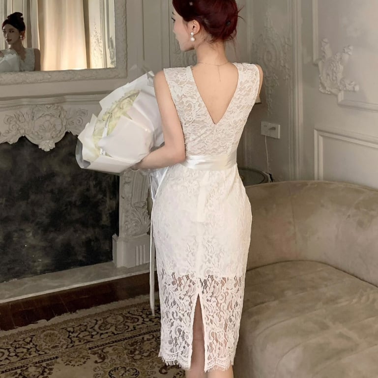 【dress】Vネックレースタイトワンピース G21008