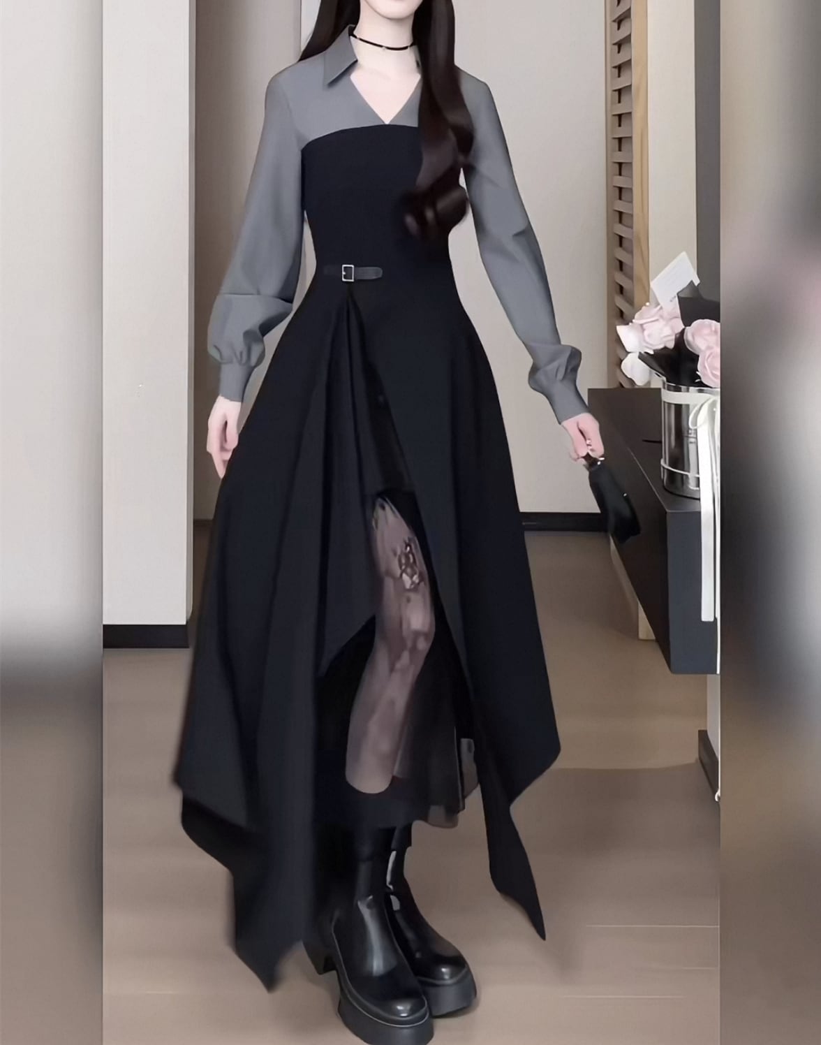 【dress】レースドッキングイレヘムワンピース　N3296