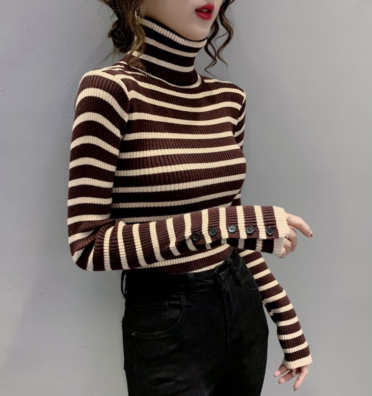 【tops】一目惚れ！4色ハイネック長袖体型カバーボーダー柄ファッションニットセーターF1046