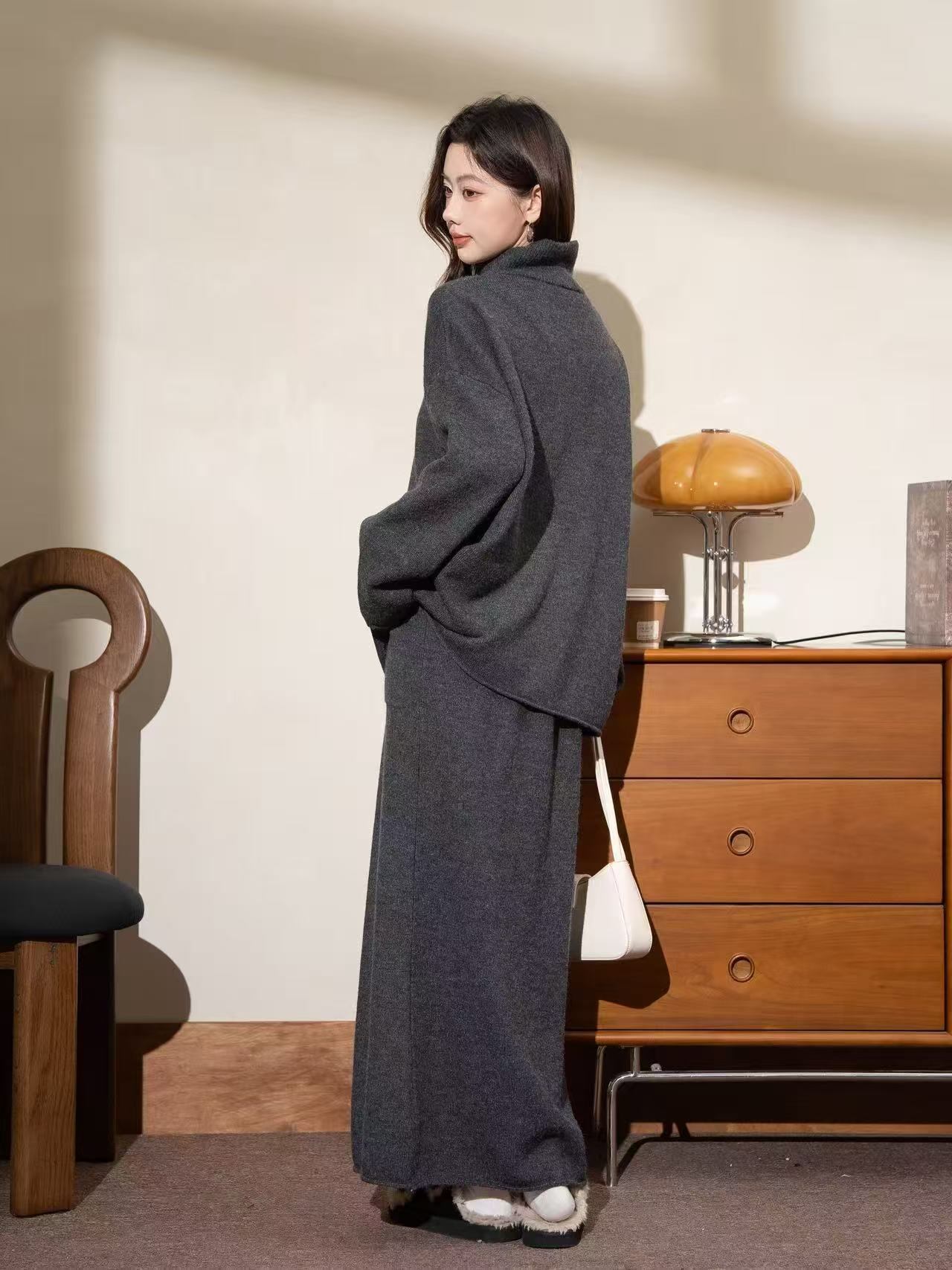 【set】ハイネックニットトップス×ロングスカートセット Q7789