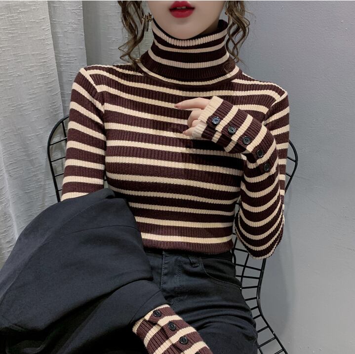 【tops】一目惚れ！4色ハイネック長袖体型カバーボーダー柄ファッションニットセーターF1046