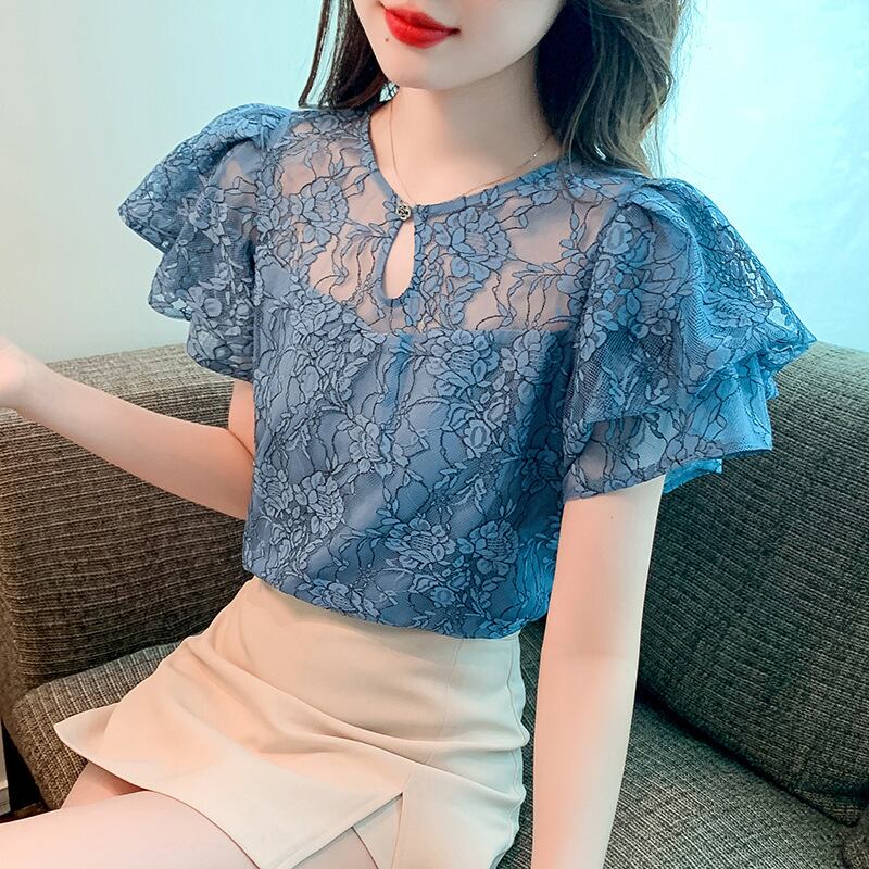 【tops】透かし彫りレースブラウスG21385