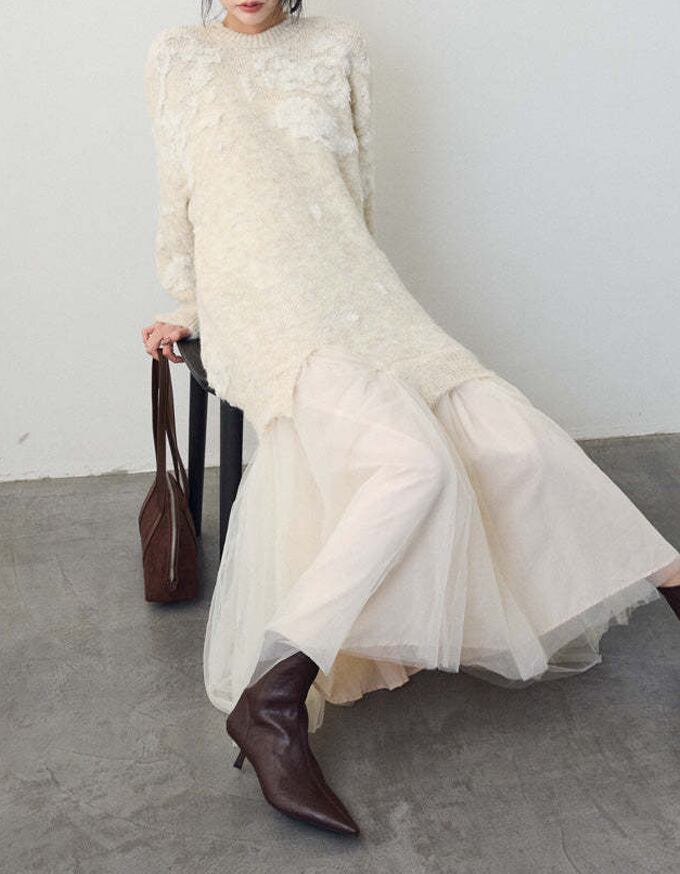 【dress】チュールドッキングロングニットワンピース Q7839