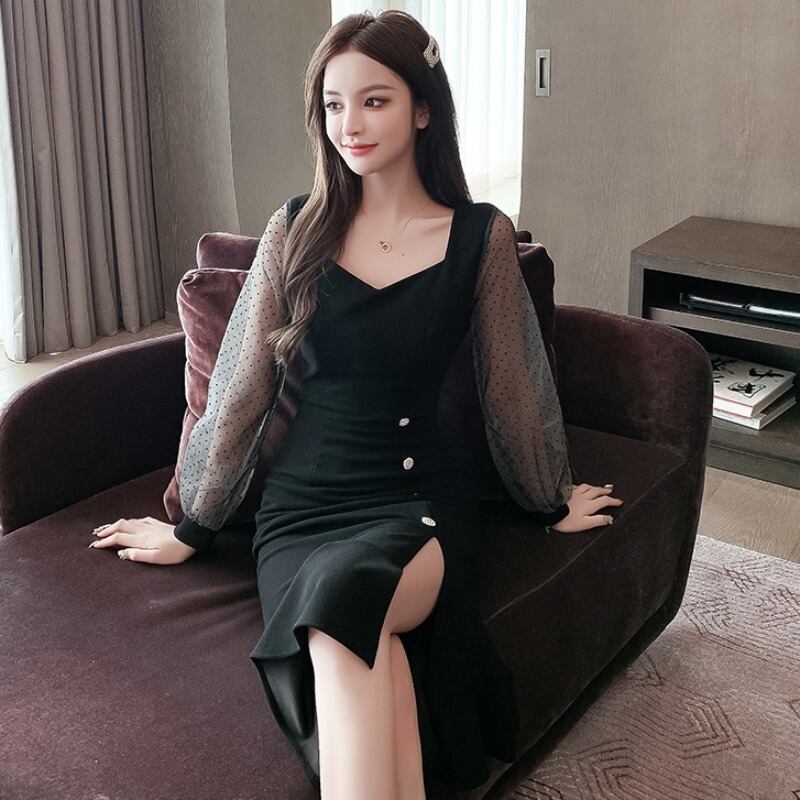 【dress】ファッション!気質満点スクエアネック無地Aライン着痩せワンピース G1660