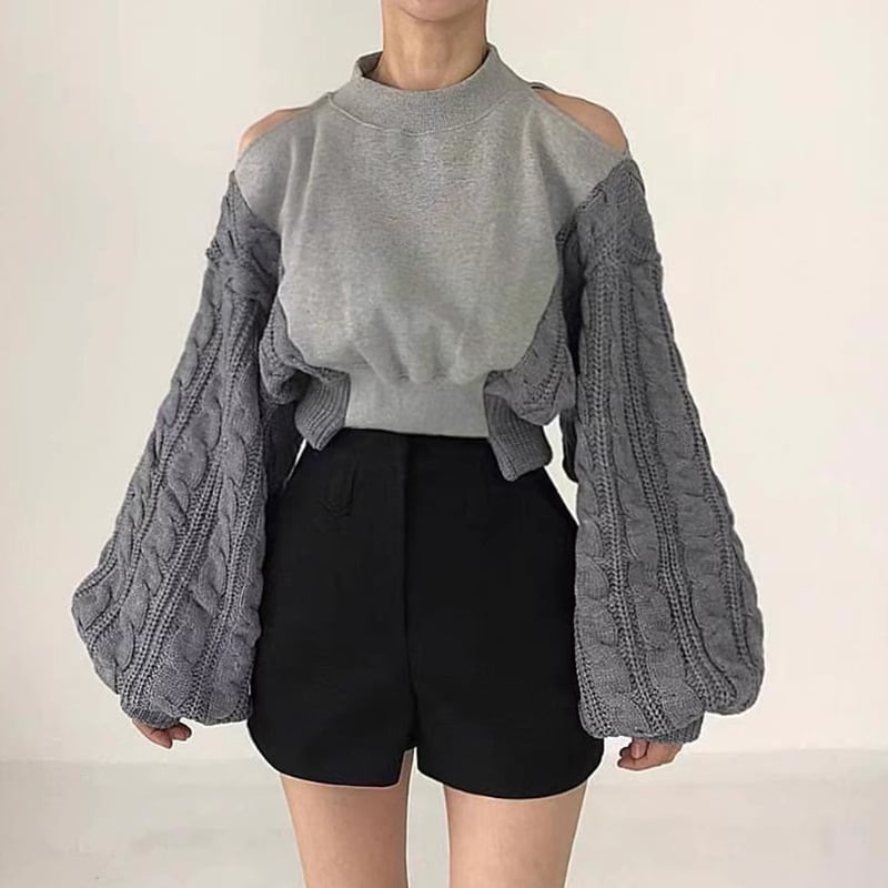 【tops】ニット切り替えオフショルダープルオーバー　M26064