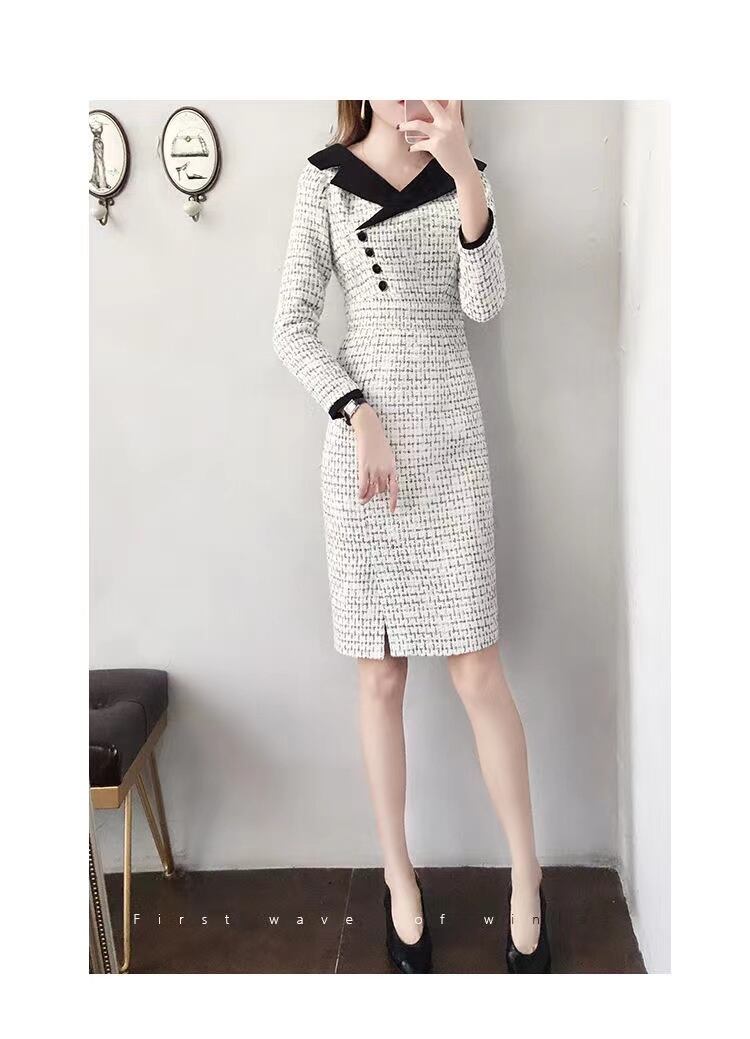 【dress】気質溢れる♪韓国風ラペル長袖スリットチェック柄体型カバー配色タイトフォーマルワンピースF1407