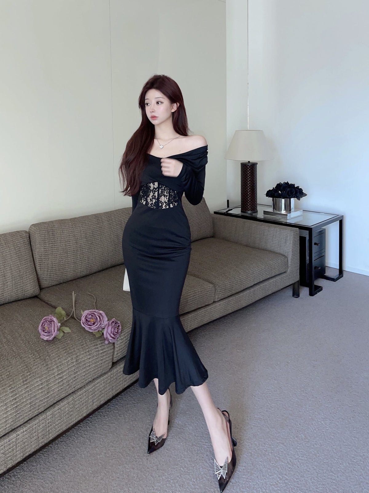 【dress】ウエストレースマーメイドワンピース　N2729
