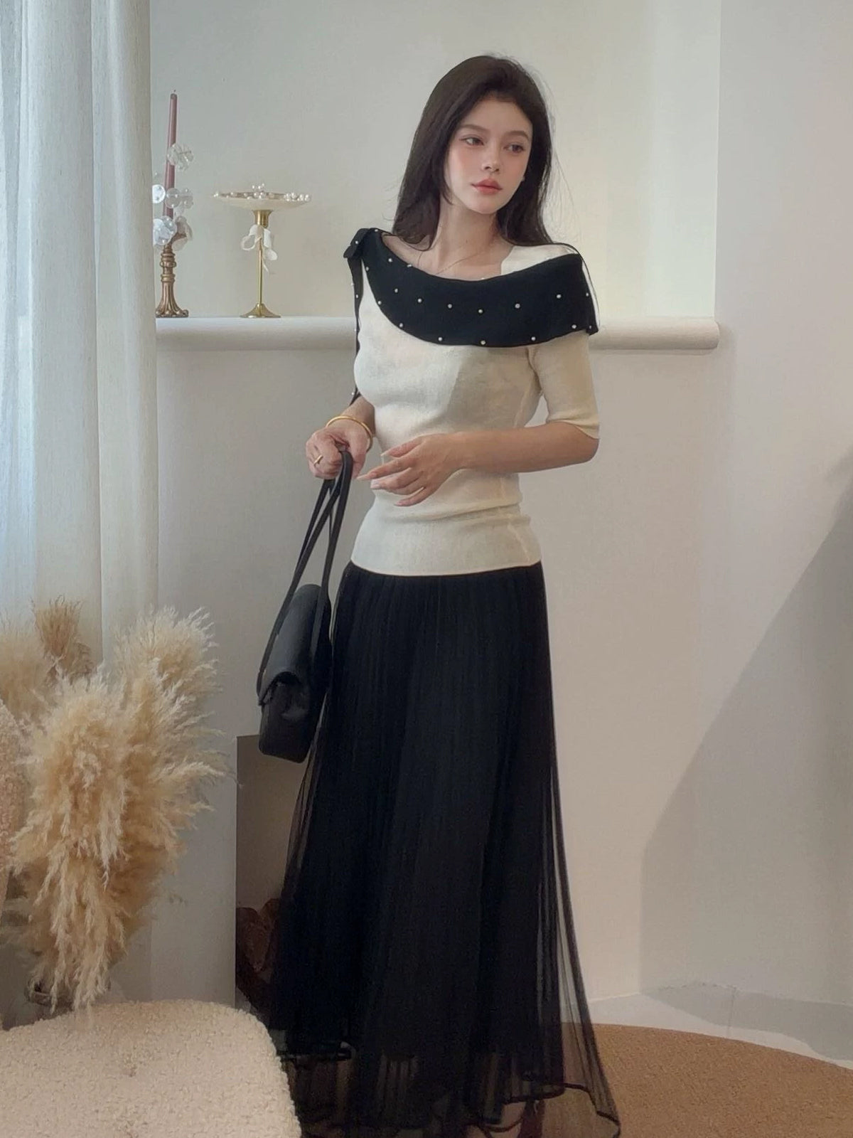 【tops】ラインストーン付きロールカラーニットトップス Q9076