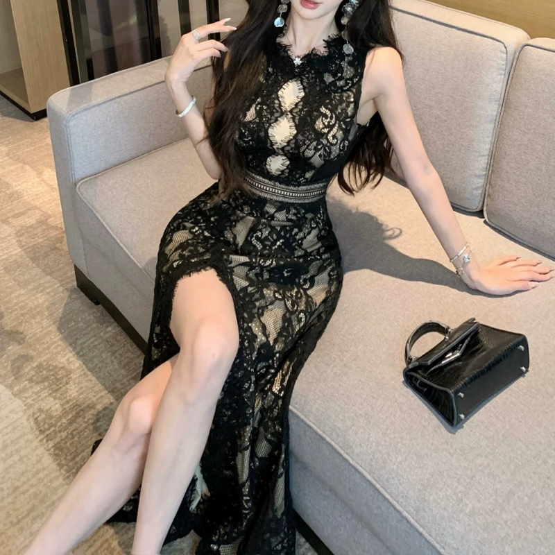 【dress】バックオープンスリットレースワンピース　M32516