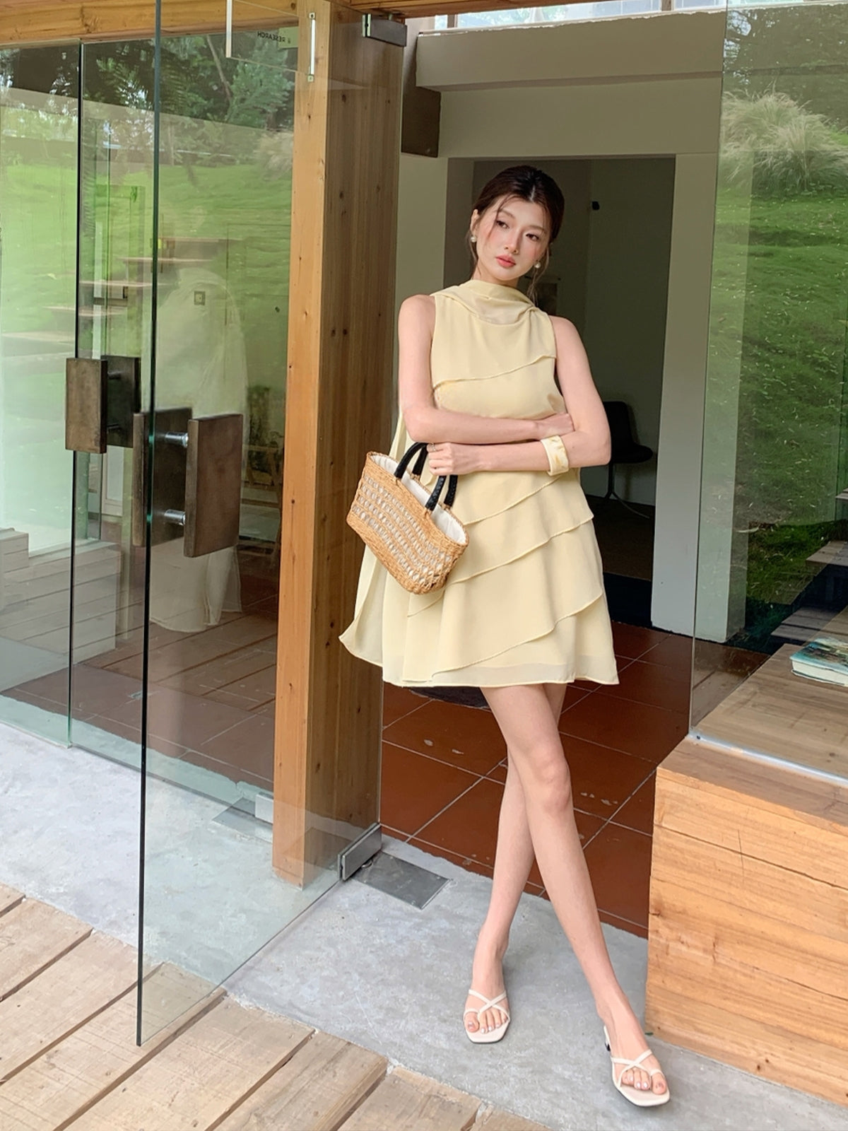 【dress】 スカーフネックシフォンティアードワンピース Q8882