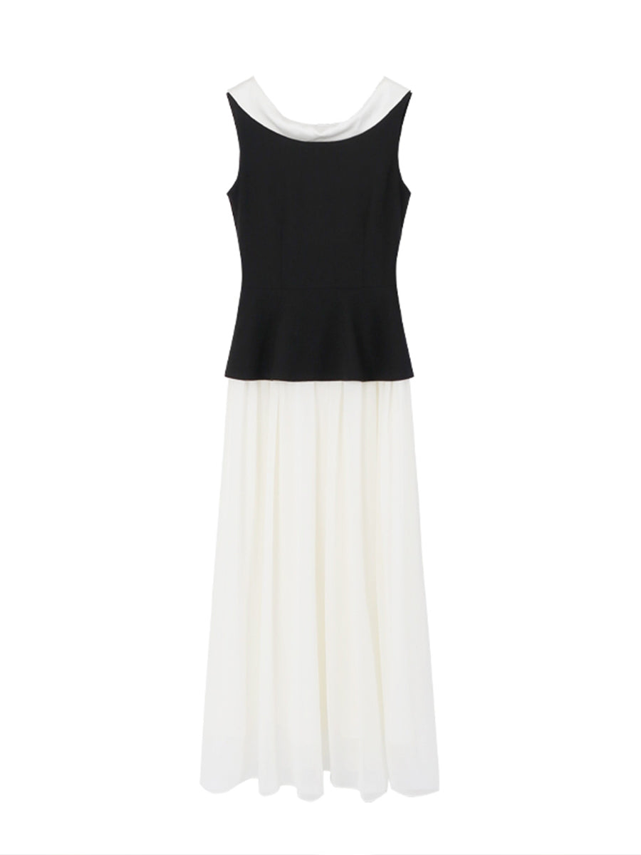 【dress】ノースリーブ配色ロングワンピース Q8749