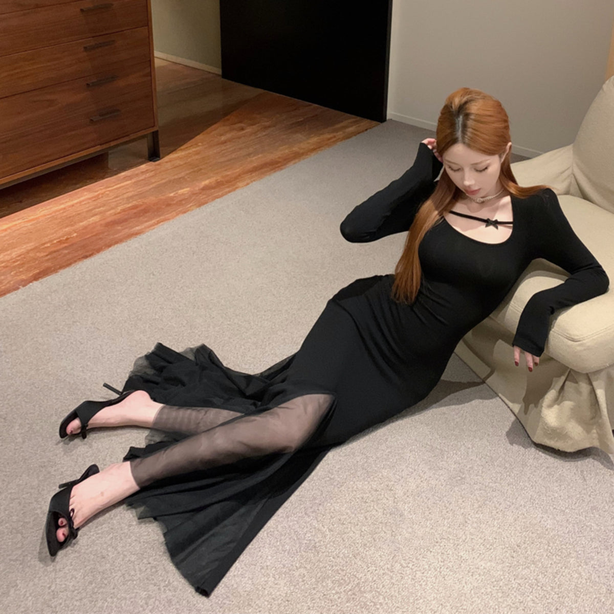 【dress】チュールドッキングロングワンピース Q7017