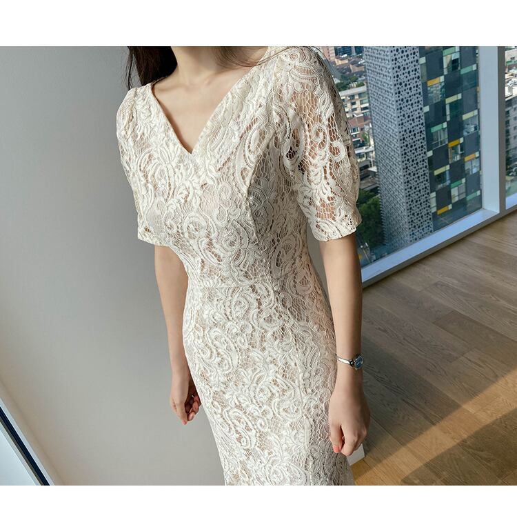 【dress】韓国ファッションVネック半袖レース体型カバー気質淑女マーメイドワンピースF0293