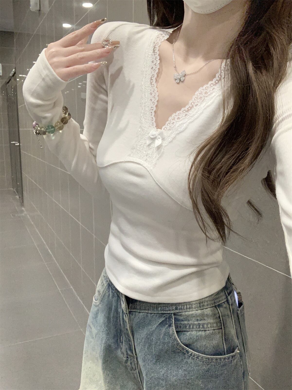 【tops】レース切り替え長袖Tシャツ　M29399