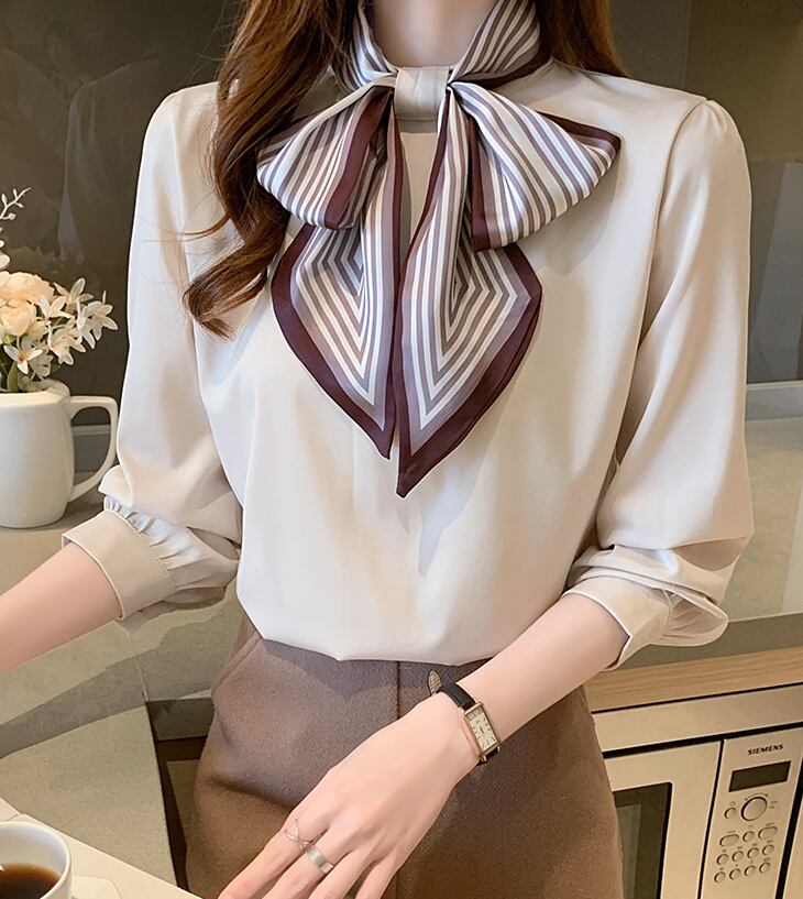 【tops】オシャレ度満点〜2色タイカラー長袖韓国風配色おしゃれ着回しブラウスF1765