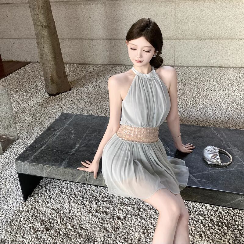 【dress】ビーズ付きノースリーブチュールミニワンピース Q8406