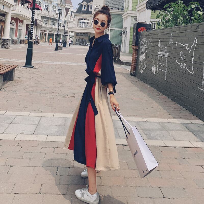 【dress】気質満点POLOネックスウィート長袖デザイン着痩せワンピース G1510