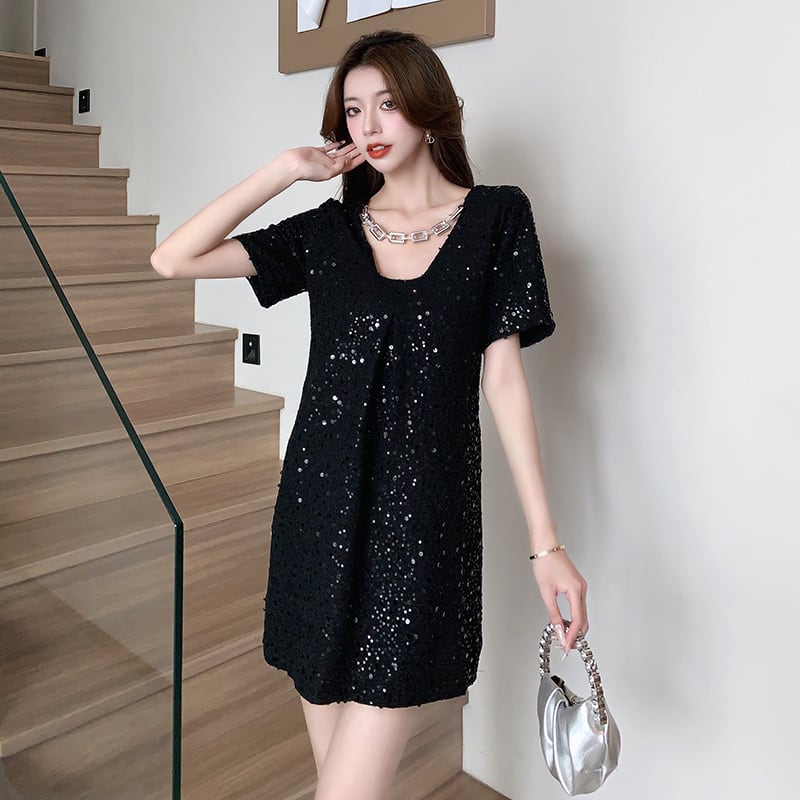 【dress】Vネックスパンコールワンピース G21106