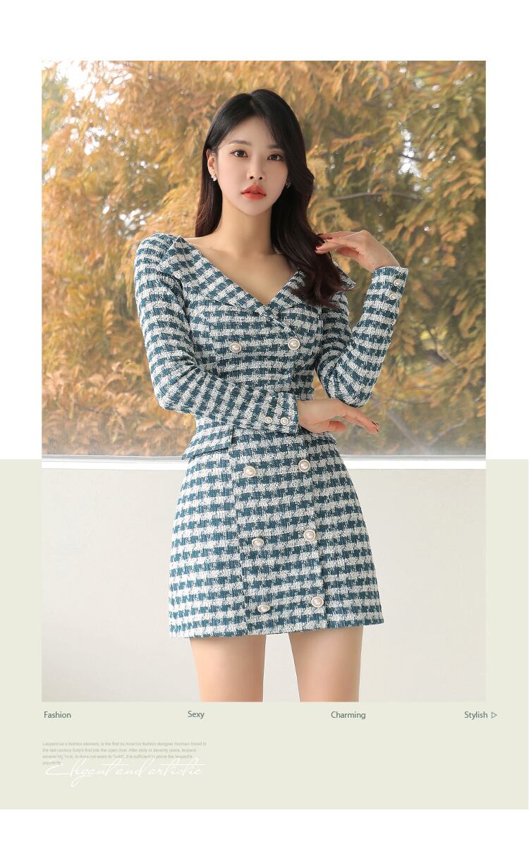 【dress】Vネック長袖ツイードワンピース G19174