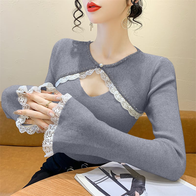 【tops】ビジューレース切り替えニットトップス　M27966