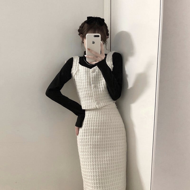 【set】好感度UP!気質満点スウィートトップス+ベスト+スカートオシャレ3点セット G2821