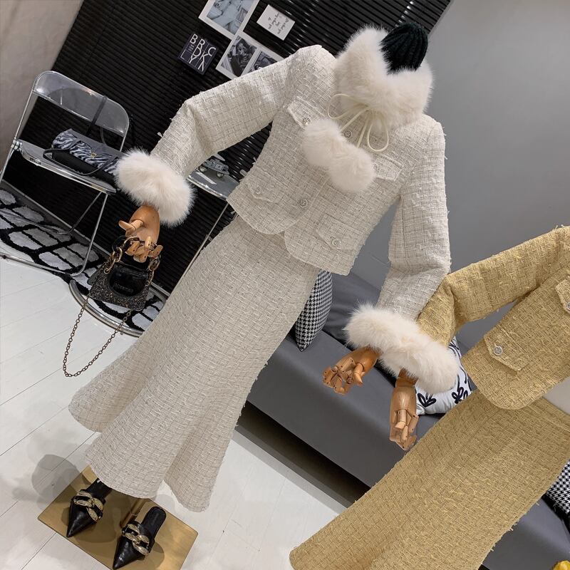 【set】ファー付きツイードジャケット×ロングスカートセット Q7463