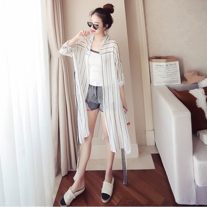 【outer】細身効果抜群♪シンプル長袖UVカット紫外線対策ファッションストライプ柄シャツ