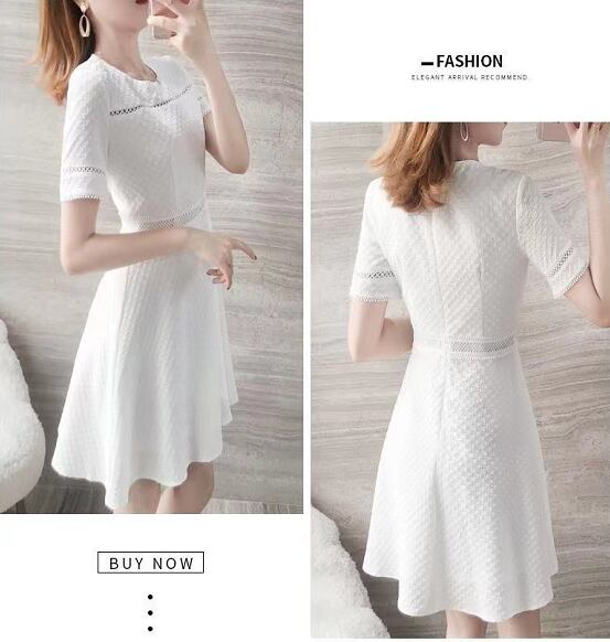 【dress】見逃し厳禁ラウンドネック半袖無地透かし彫り披露宴二次会AラインワンピースF2113