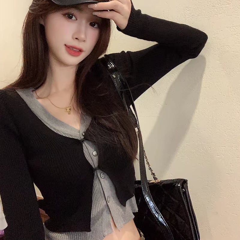 【tops】フェイクレイヤードニットトップス Q8150