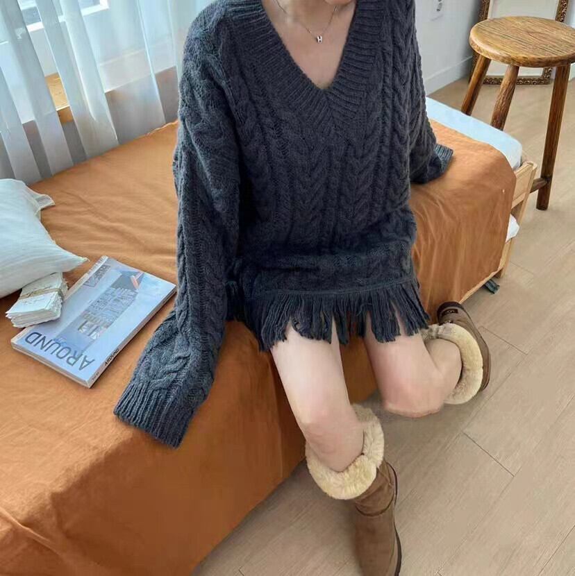 【dress】Vネックフリンジセーターワンピース　M18333