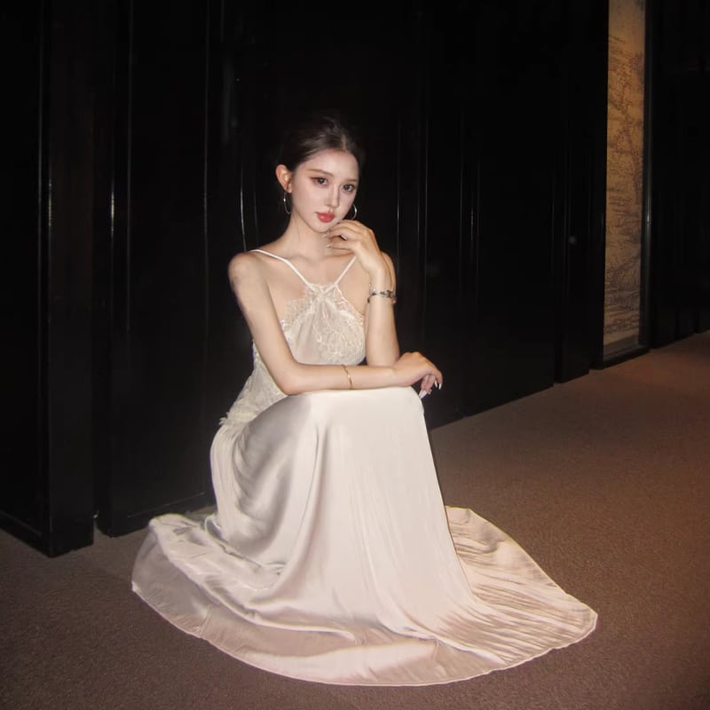 【dress】レースドッキングロングキャミワンピース Q8396