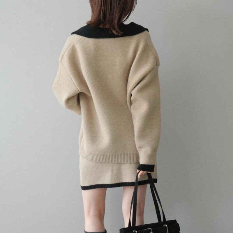 【set】フェイクレイヤードニットトップス×ミニスカートセット Q7703