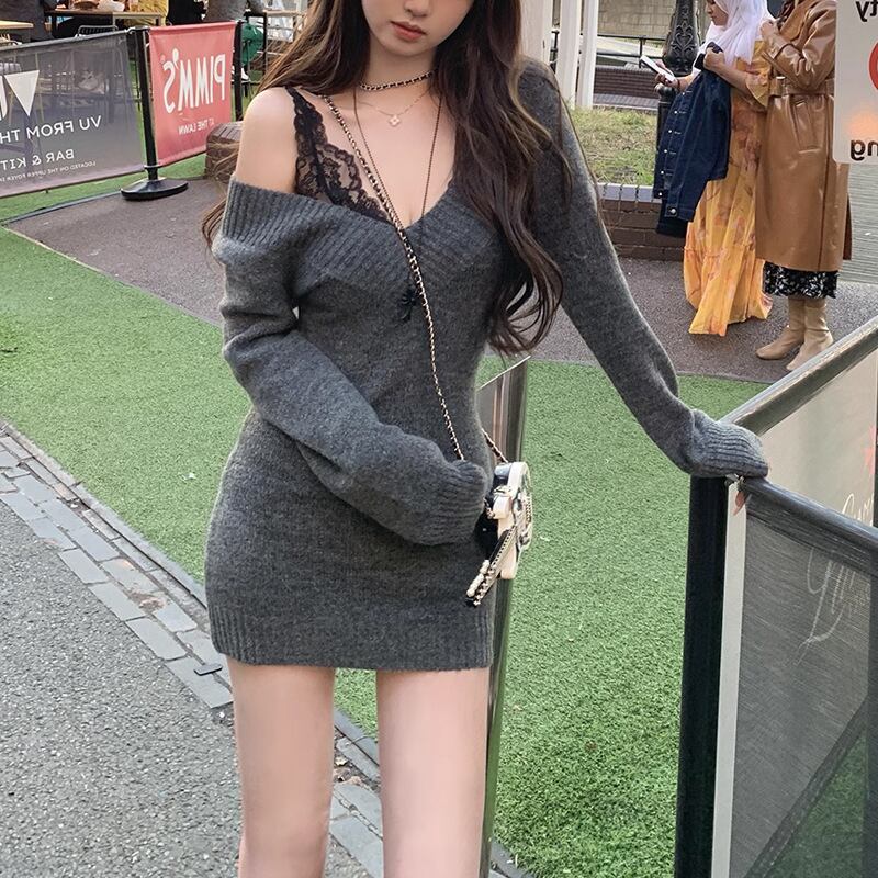 【dress】Vネックニットワンピース　M27304