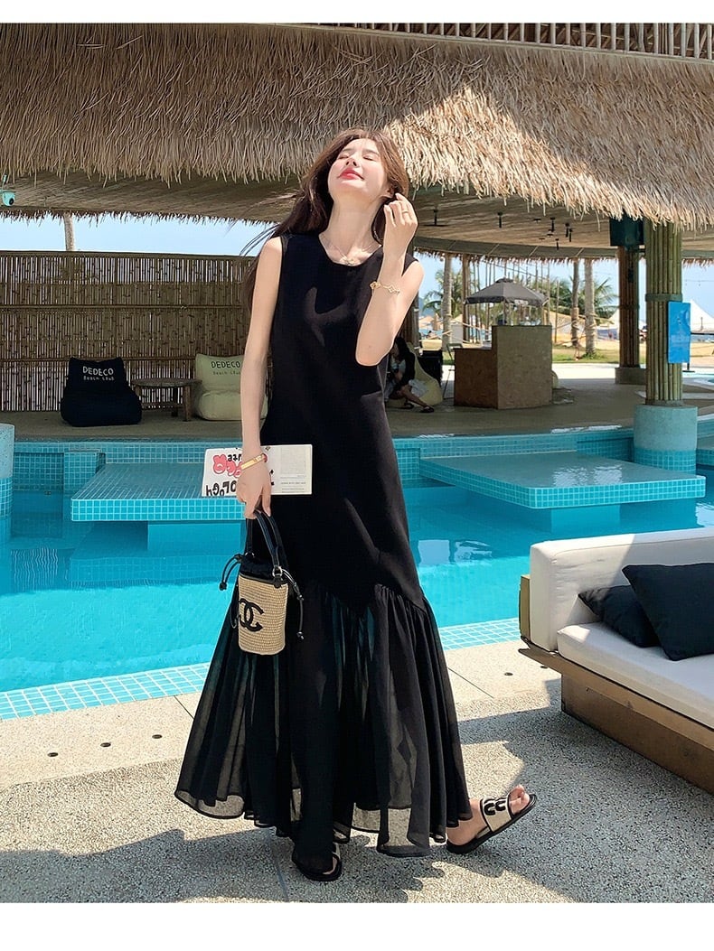 【dress】チュールドッキングロングワンピース　K0554