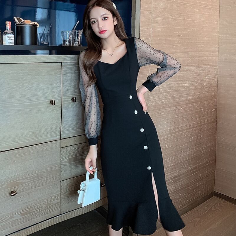 【dress】ファッション!気質満点スクエアネック無地Aライン着痩せワンピース G1660