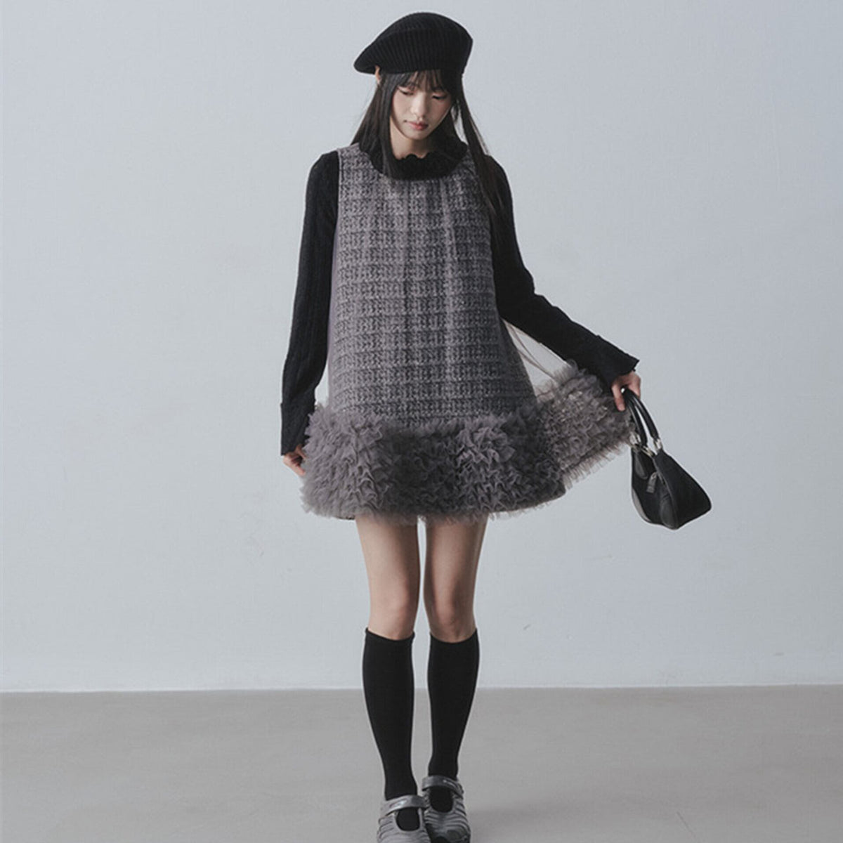 【dress】チュールフリルツイードノースリーブミニワンピース　N3523