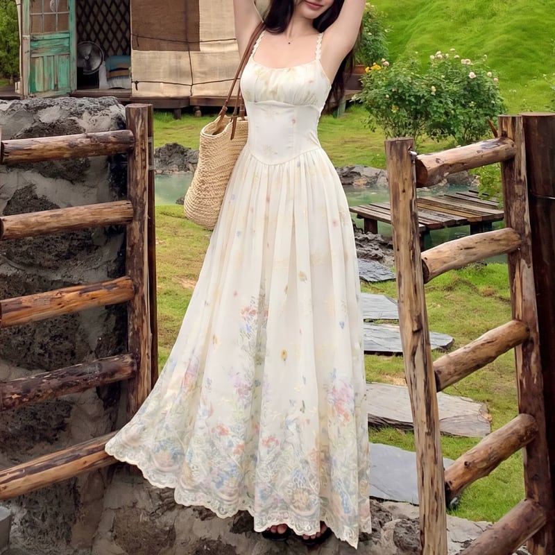 【dress】フラワー柄レース刺繡キャミワンピース Q8506